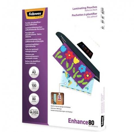 Fellowes Pack de 100 Fundas AutoAdhesivas para Plastificar Brillo A3 - 80 Micras - Alta Calidad - Transparente