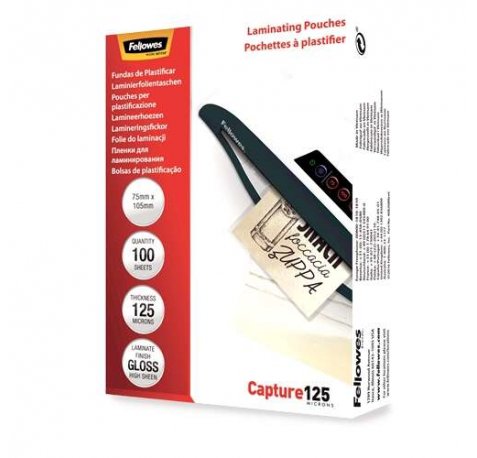 Fellowes Pack de 100 Fundas para Plastificar Brillo para Tarjetas 75 x 105mm - 125 Micras - Alta Calidad - Transparente