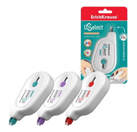 Erichkrause Cinta Correctora Uselect - Adecuada para Uso Ambidiestro - Aplicador Giratorio - Control de Cinta - Secado Inmediato - Color/Diseño Variado (24 uds)