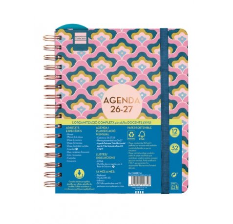 Finocam Magistral Design Agenda Escolar 26/27 en Catalan - Semana Vista Horizontal - Formato 4Âº - 155x212mm - Tapas de Carton Forrado - Papel de 80g/m2 - Esquinas Microperforadas - Multicolor