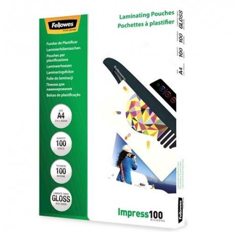 Fellowes Pack de 100 Fundas para Plastificar Brillo A4 - 100 Micras - Alta Calidad - Transparente
