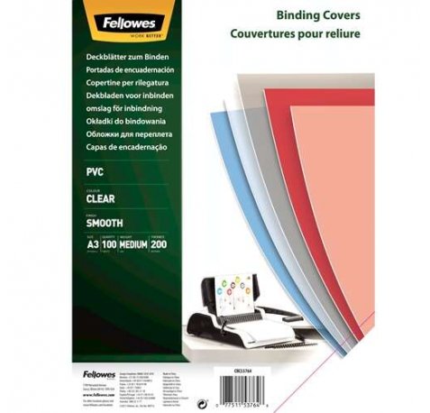 Fellowes Pack de 100 Portadas para Encuadernar de PVC A3 - 200 Micras - Muy Resistentes - Transparente