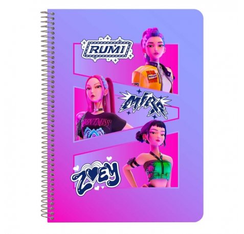 Safta K-Pop Demon Hunters Libreta con Espiral - Formato Cuarto - 80 Hojas de 80g/m2 - Cuadricula 4x4mm - Tapas Duras Glasofonadas - 15.5x22x1cm - Multicolor