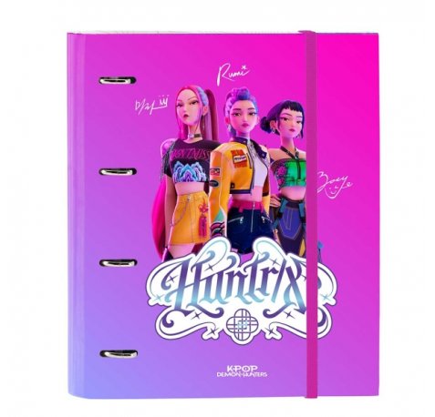 Safta K-Pop Demon Hunters Carpeta de 4 Anillas de 35mm - Recambio de 100 Hojas A4 - Cuadricula de 5x5mm - 80g/m2 - Separadores Internos - Goma Elastica - 27x32x3.5cm - Multicolor