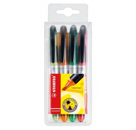 Stabilo Navigator Pack de 4 Marcadores Fluorescentes - Zona de Agarre - Diseño Delgado - Practico Clip para Llevar - Trazo entre 2 y 5mm - Colores Amarillo, Naranja, Verde y Rosa