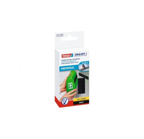 Tesa On & Off Cinta de Velcro 20mm x 1m - Se puede Abrir y Cerrar hasta 10.000 Veces - Color Negro
