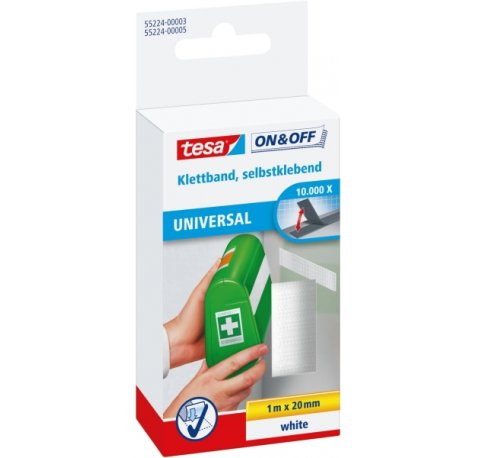 Tesa On & Off Cinta de Velcro 20mm x 1m - Se puede Abrir y Cerrar hasta 10.000 Veces - Color Blanco