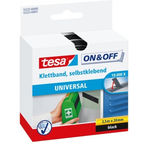 Tesa On & Off Cinta de Velcro 20mm x 2.5m - Se puede Abrir y Cerrar hasta 10.000 Veces - Color Negro