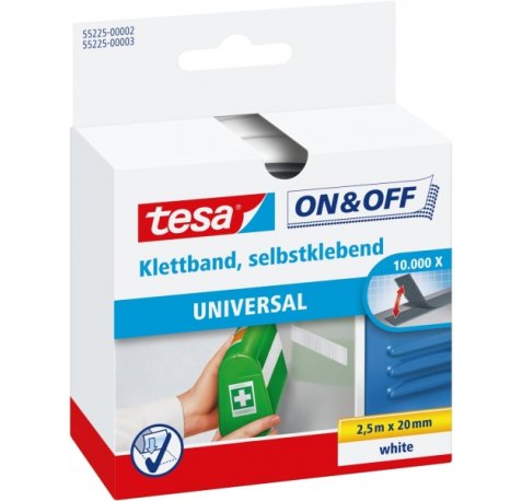 Tesa On & Off Cinta de Velcro 20mm x 2.5m - Se puede Abrir y Cerrar hasta 10.000 Veces - Color Blanco