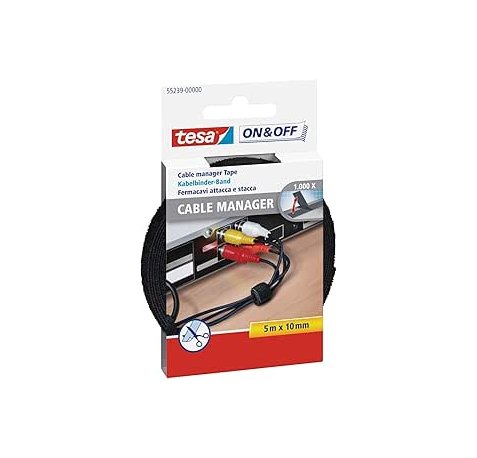 Tesa On & Off Cable Manager Pack de Tira de Velcro 5m x 10mm - Para Organizar Cables - Color Negro
