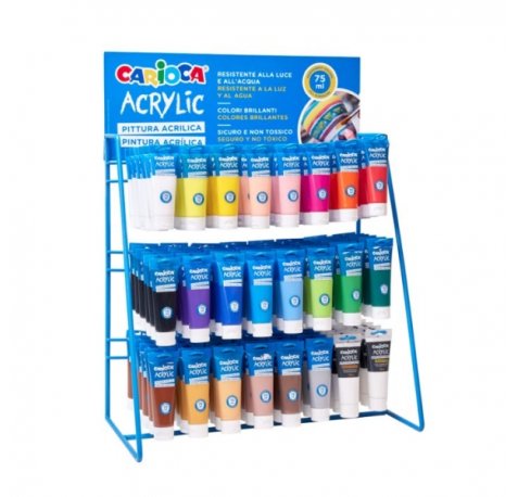 Carioca Expositor con 144 Tubos de Pintura Acrilica de 75ml - Colores Brillantes Resistentes a la Luz - Colores Surtidos