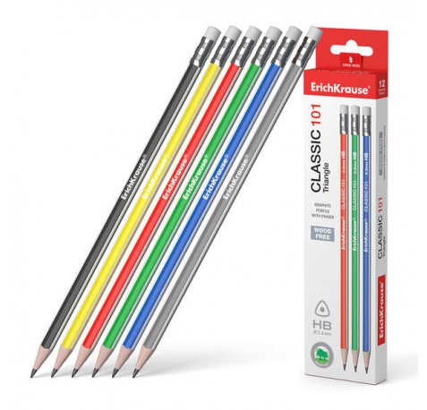 Erichkrause Lapiz de Grafito Plastico Triangular con Goma de Borrar Classic 101 Triangle HB - Color Negro (12 uds)