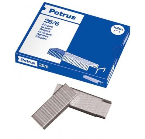 Petrus Grapas 26/6 Galvanizadas - Hasta 30 Hojas - Caja de 1000 Grapas - Patilla de 6mm
