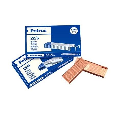 Petrus Grapas 22/6 Cobreadas - Hasta 30 Hojas - Caja de 1000 Grapas - Patilla de 6mm
