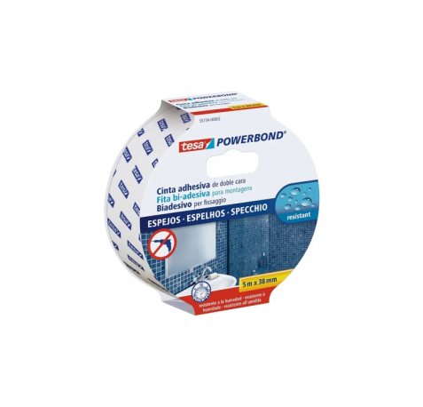 Tesa Powerbond Espejos Cinta Adhesiva de Doble Cara Especial para Espejos 38mm x 5m - Color Blanco