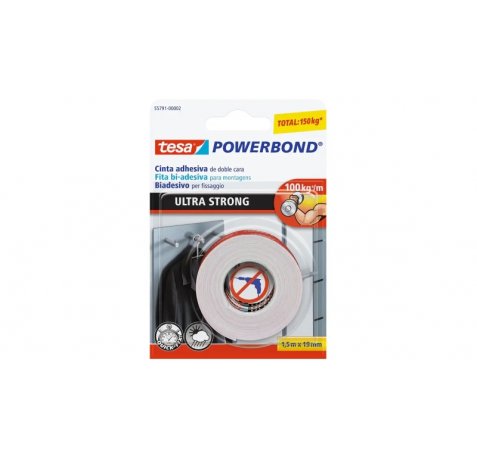 Tesa Ultra Strong Cinta Adhesiva de Doble Cara Ultra Fuerte 19mm x 1.5m - Color Blanco