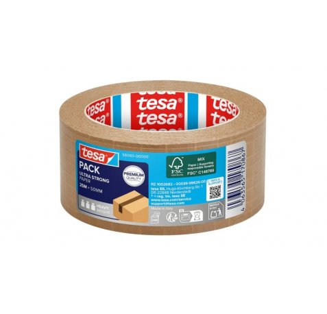 Tesa Ultra Strong Paper Precinto de Papel 50mm x 25m - Gran Adhesion, Alta Resistencia al Desgarro - Fabricado con un 52% de Materiales Renovables - Papel FSCÂ® - Color Marron