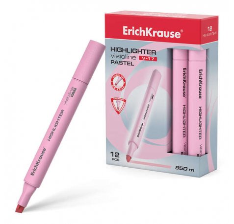 Erichkrause Visioline V-17 Pastel - Marcador de Texto - Punta Biselada - Tinta a Base de Agua - Color Rosa (12 uds)