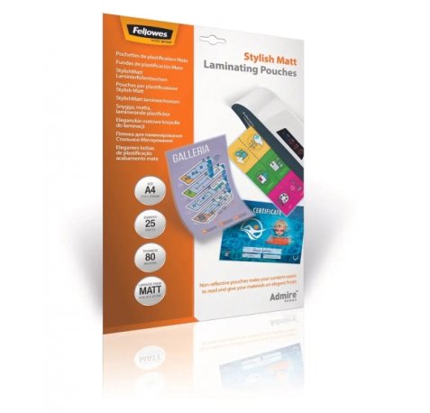 Fellowes Admire Pack de 25 Fundas para Plastificar - Formato A4 - Efecto Mate Antirreflejos - 80 micras - Transparente