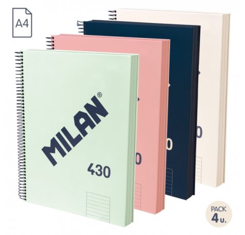 Milan 430 Since 1918 Pack de 4 Cuadernos A4 con Espiral - Papel a Lineas de 7mm - 120 Hojas de 95g - Tapa Dura - Colores Surtidos