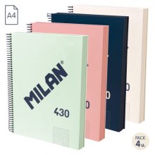 Milan Serie 1918 Pack de 4 Cuadernos Espiral Formato A4 Cuadricula 5x5mm - 120 Hojas de 95 gr/m2 - Microperforado, 4 Taladros - Colores Surtidos