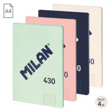 Milan 430 Since 1918 Pack de 4 Libretas A4 Encoladas - Papel a Lineas de 7mm - 48 Hojas de 95g - Colores Surtidos