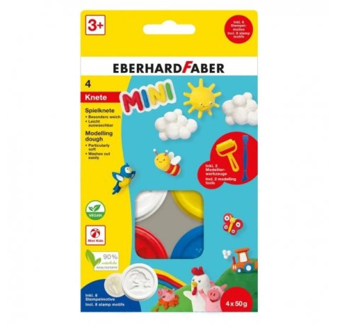 Eberhard Faber Mini Kids Pack con 4 Botes 50gr de Pasta de Modelar + 2 Herramientas - 90% Ingredientes Naturales - Facil de Lavar - Colores Blanco, Amarillo, Rojo y Azul
