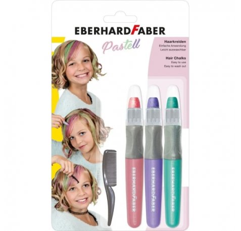 Eberhard Faber Pack de 3 Tizas Pastel para el Cabello + 1 Mini Peine - Aplicar sobre el Cabello Seco - Utilice el Peine para Dispensar el Color - Facil de Lavar - Colores Rosa, Violeta, Turquesa Pastel