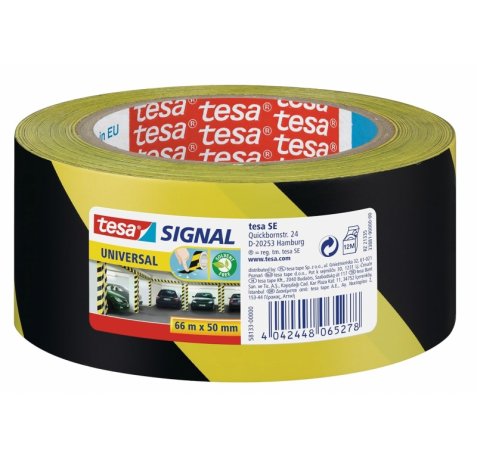Tesa Cinta Adhesiva de Señalizacion 50mm x 66m - Ideal para Señalizar Obstaculos Permanentes - Adhesivo sin disolventes - Color Amarillo/Negro