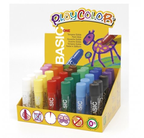PlayColor Basic One Expositor de 30 Temperas Solidas - No Arrugan el Papel - No Necesitan Agua - Especial para Uso Escolar - Colores Surtidos