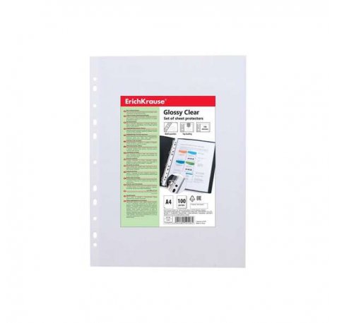 Erichkrause Pack de Fundas 100 Protectoras Glossy Clear - Grosor 100cm - Tamaño A4 - Transparente