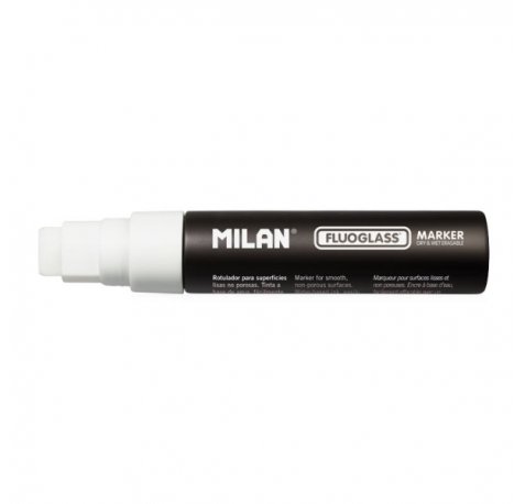 Milan Fluoglass Rotulador Superficies Lisas - Punta Plana - Trazo de 8 - 15mm - Tinta al Agua - Borrado Facil - Color Blanco (6 uds)