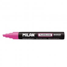 Milan Fluoglass Rotulador Superficies Lisas - Punta Biselada - Trazo de 2 - 4mm - Tinta al Agua - Borrado Facil - Color Rosa (12 uds)