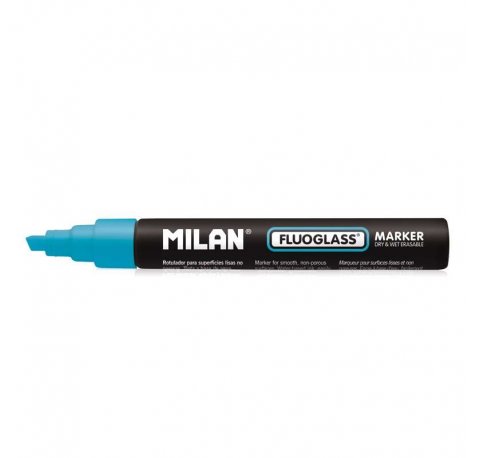 Milan Fluoglass Rotulador Superficies Lisas - Punta Biselada - Trazo de 2 - 4mm - Tinta al Agua - Borrado Facil - Color Azul (12 uds)