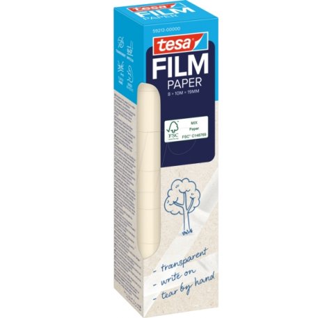 Tesa Paper Pack de 8 Cintas Adhesivas de Papel 19mm x 10 Metros - Casi Invisible en Superficies de Color Claro - Se puede Cortar con la Mano y Escribir sobre ella - Papel Certificado FSCÂ®