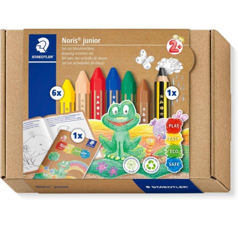 Staedtler Noris Junior Conjunto de Actividades Pack de 6 Ceras de Colores + Lapiz de Grafito Extragrueso + Folleto de Actividades - Colores Surtidos