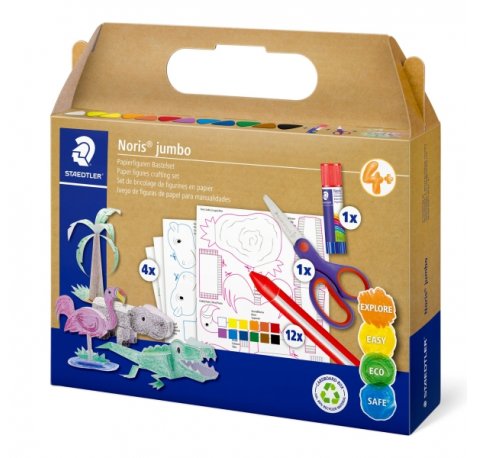 Staedtler Noris Junior Conjunto de Manualidades Pack de 9 Cera Jumbo Noris + Barra de Pegamento + Tijeras + 4 Plantillas para Manualidades - Colores Surtidos