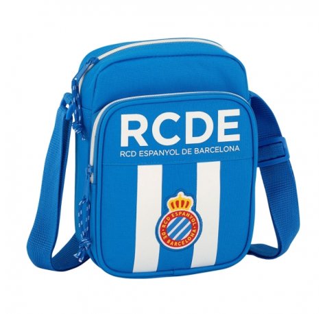 Safta RCD Espanyol Bandolera - Cremallera - Bolsillo Frontal - Bandolera Ajustable - Compartimento Trasero con Velcro - 2L - 160x60x220mm - Color Azul y Blanco
