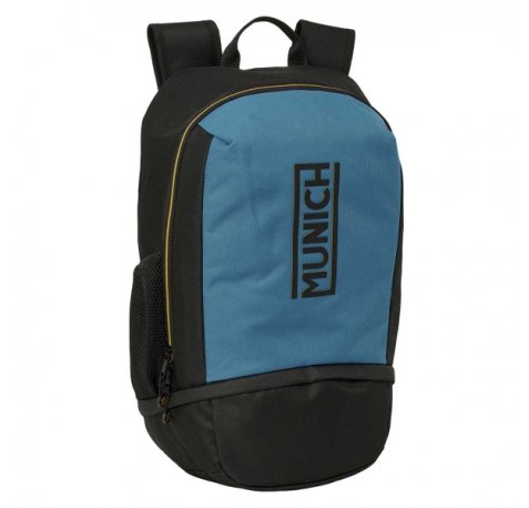 Safta Munich Mochila Zapatillero - Cremallera con Doble Tirador - Bolsillo Interior - Portabotellas - Asa de Mano - 28x51x19cm - Color Negro y Azul