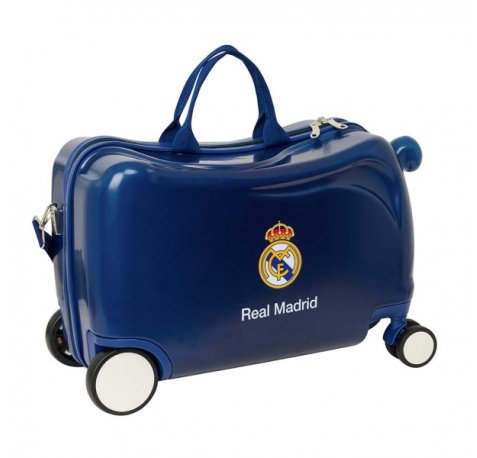 Safta Real Madrid Maleta Trolley Infantil - Reposapies - Bandolera Ajustable - Asas de Mano - Tiradores con Ranura para Candado - Interior Forrado - 44x27x21cm - Color Azul Marino