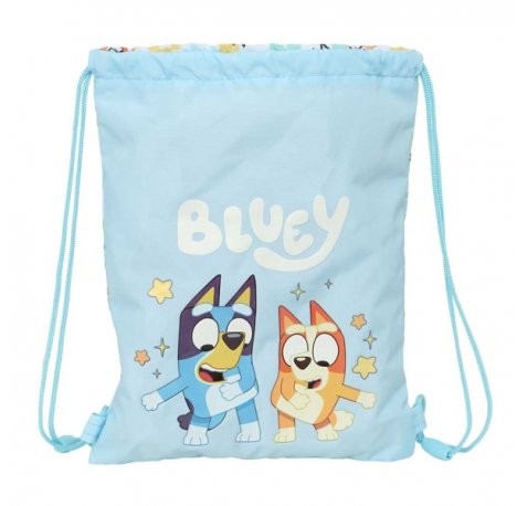 Safta Bluey Ready Saco Plano - Cierre con Cordones - Bolsillo Interior con Cremallera - 26x34x1cm - Color Azul Pastel