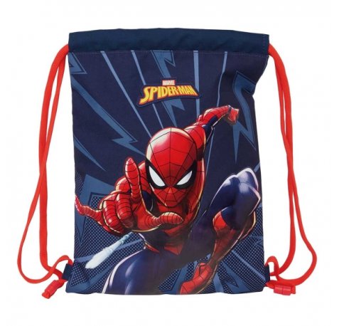 Safta Spider-Man Saco Plano - Bolsillo con Cremallera - Cierre con Cordones - 3L - Ligero y Compacto - 260x10x340mm - Color Azul Marino