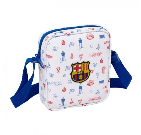 Safta F.C.Barcelona Preescolar Bolsito con Bandolera Ajustable - Compacto - Cierre con Cremallera - 16x18x4cm - Color Blanco
