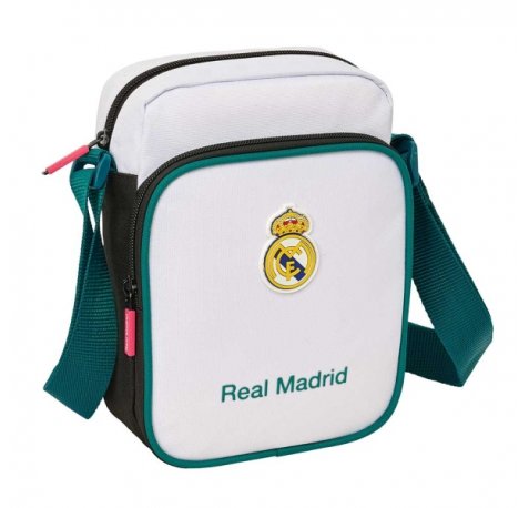 Safta Real Madrid Equipacion 26/27 Bolsito con Bandolera Ajustable - Cierre con Cremallera - Compartimento Trasero con Velcro - Bolsillo Frontal - 16x22x6cm - Color Blanco y Negro