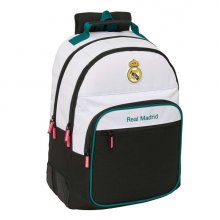 Safta Real Madrid Equipacion 26/27 Mochila - Adaptable a Carro - Bolsillo Frontal - Portabotellas - Cremallera con Doble Tirador - Asa de Mano - Espalda Acolchada - 32x42x15cm - Color Blanco y Negro