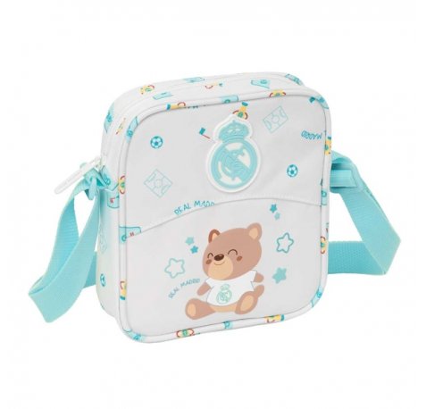 Safta Real Madrid Preescolar Bolsito con Bandolera Ajustable - Compacto - Cierre con Cremallera - 16x18x4cm - Color Blanco