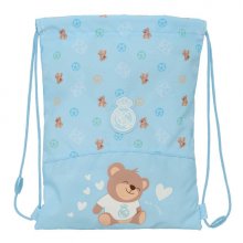 Safta Real Madrid Preescolar Saco Plano Infantil - Cierre Mediante Cordones - Bolsillo Interior con Cremallera - Seguridad Antiestrangulamiento - 26x34x1cm - Color Azul