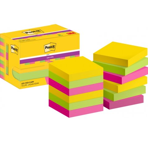 Post-It Super Sticky Pack de 12 Blocs de 90 Notas Adhesivas Reposicionables  47.6x47.6mm - Forma Cuadrada - Caja Dispensadora - Colores Surtidos
