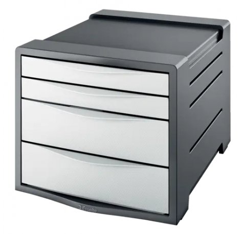 Esselte Europost Vivida Buc de 4 Cajones - 2 Medidas de Cajon - Deslizamiento Suave - Base con Goma Antideslizante - Color Gris/Blanco