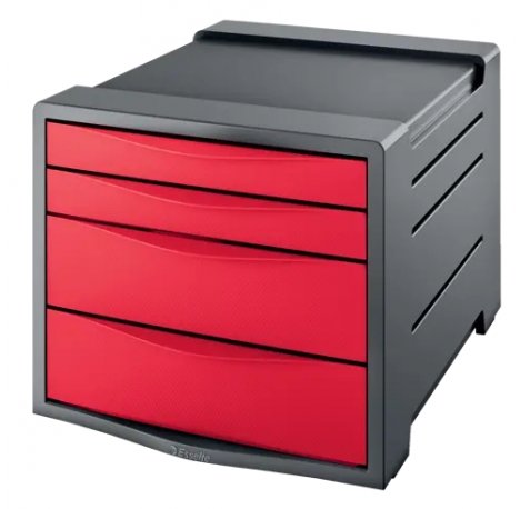 Esselte Europost Vivida Buc de 4 Cajones - 2 Medidas de Cajon - Deslizamiento Suave - Base con Goma Antideslizante - Color Gris/Rojo